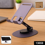 Adjustable mobile stand securely holding a smartphone for hands-free viewing.
