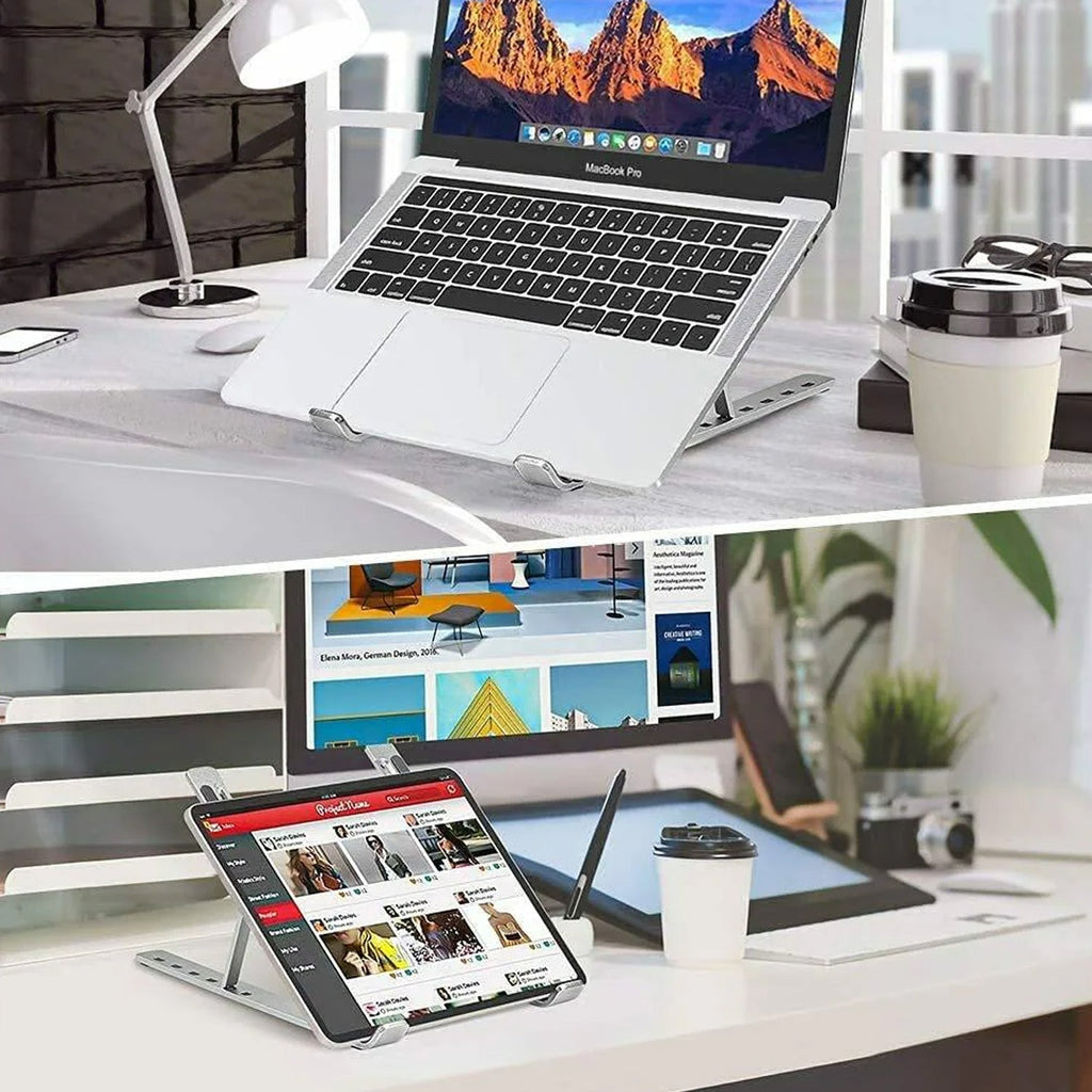 Aluminium laptop holder with adjustable height and angle