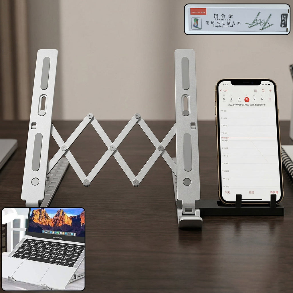 Foldable portable aluminium laptop stand in black and silver