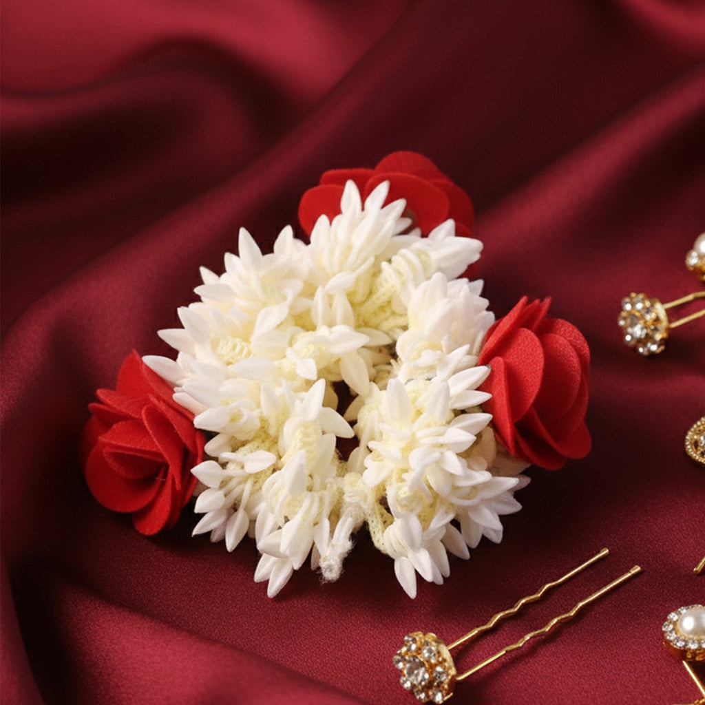 Artificial flower gajra showcasing red rose and white jasmine accents
