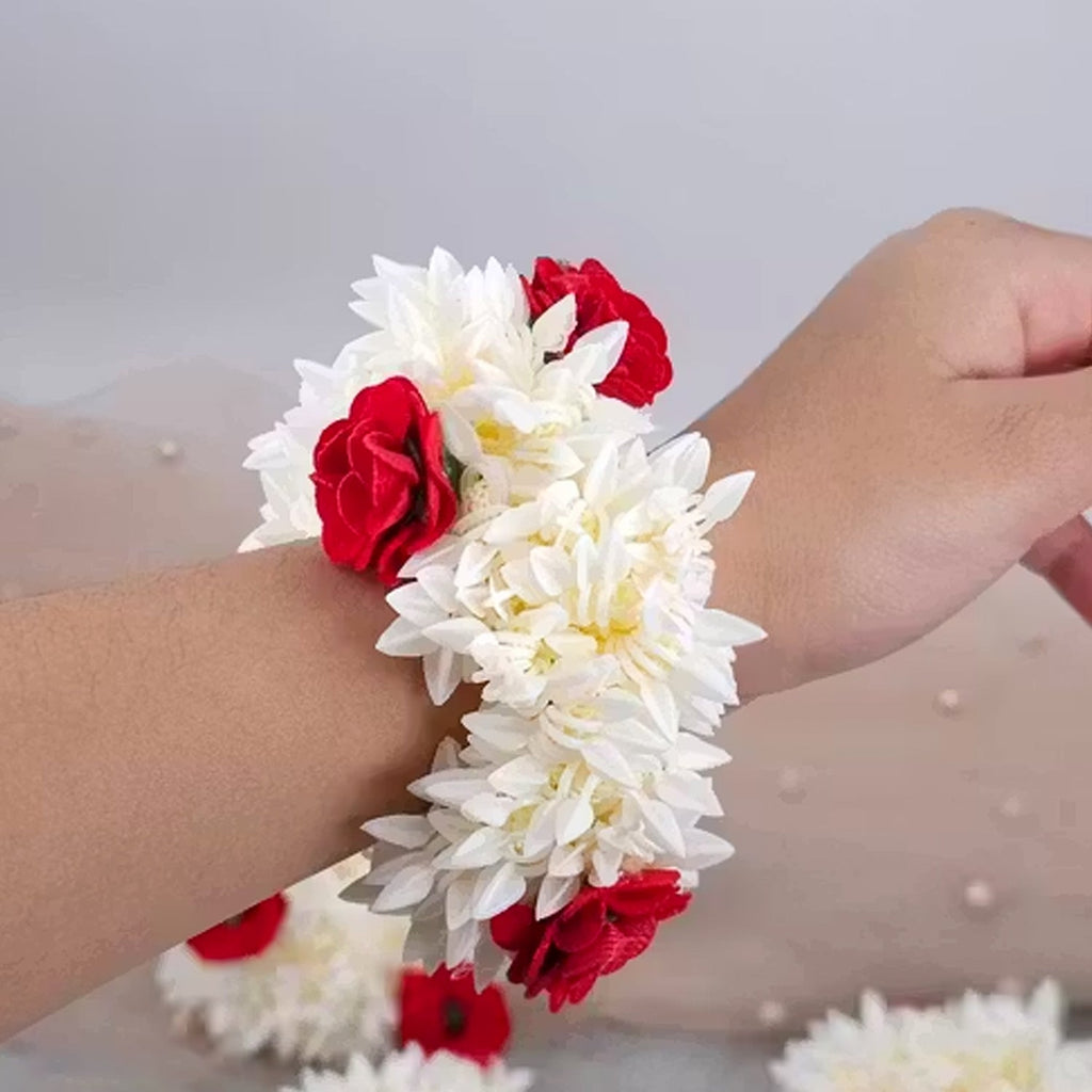 Traditional artificial flower gajra featuring jasmine and red rose floral design