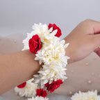 Traditional artificial flower gajra featuring jasmine and red rose floral design