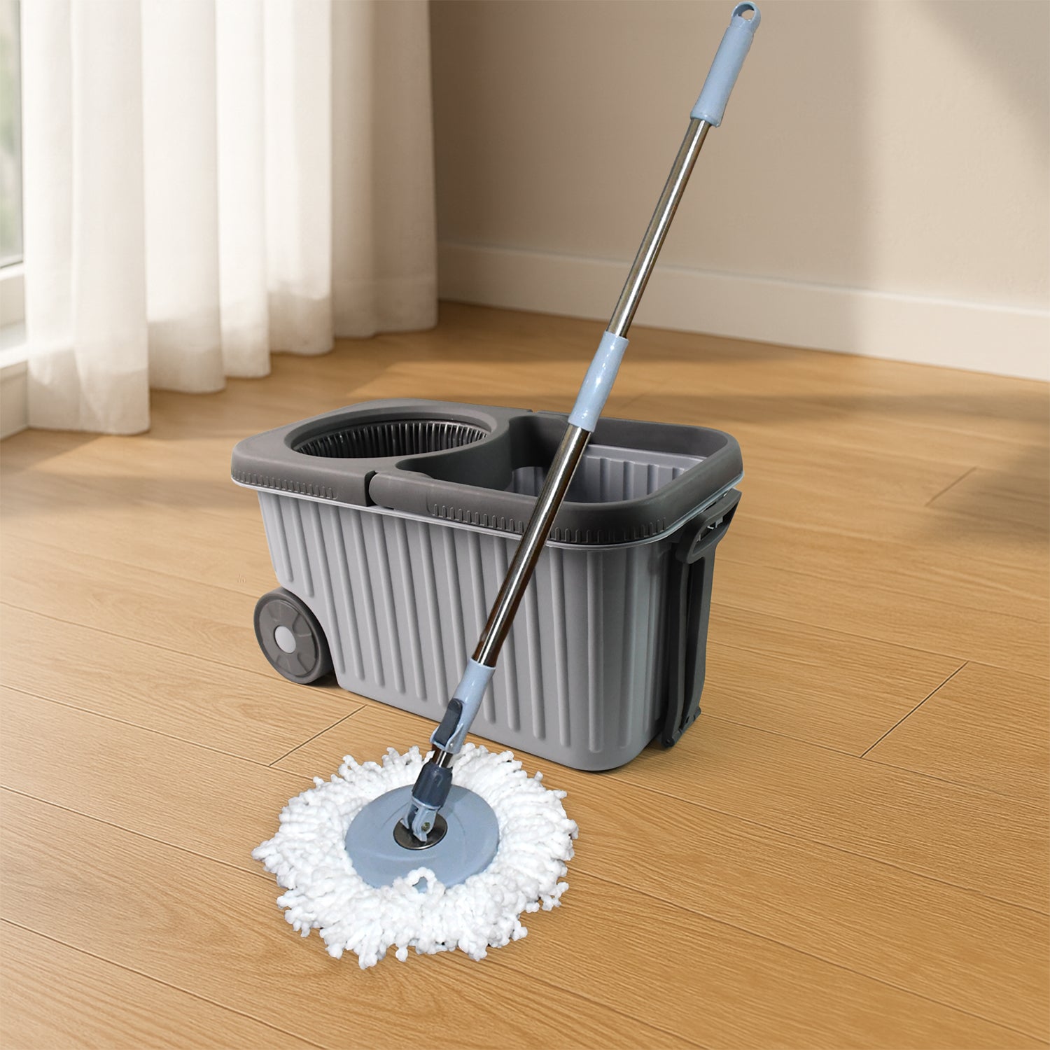 Spin Mop Cleaning Set with dual chamber bucket and ergonomic design