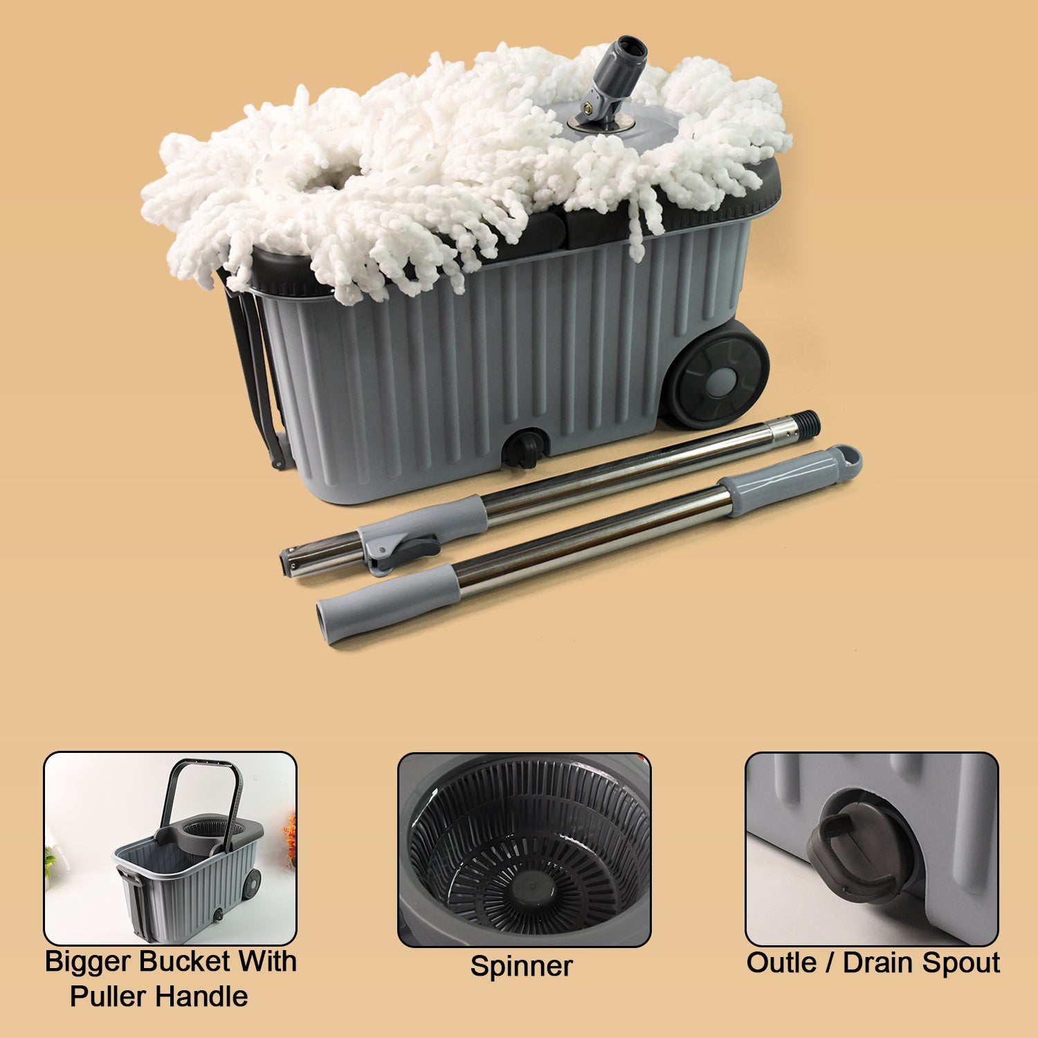 Durable spin mop bucket with separate washing and drying chambers