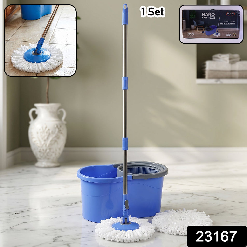 Spin mop bucket with wringer, mop head, and long handle for efficient cleaning