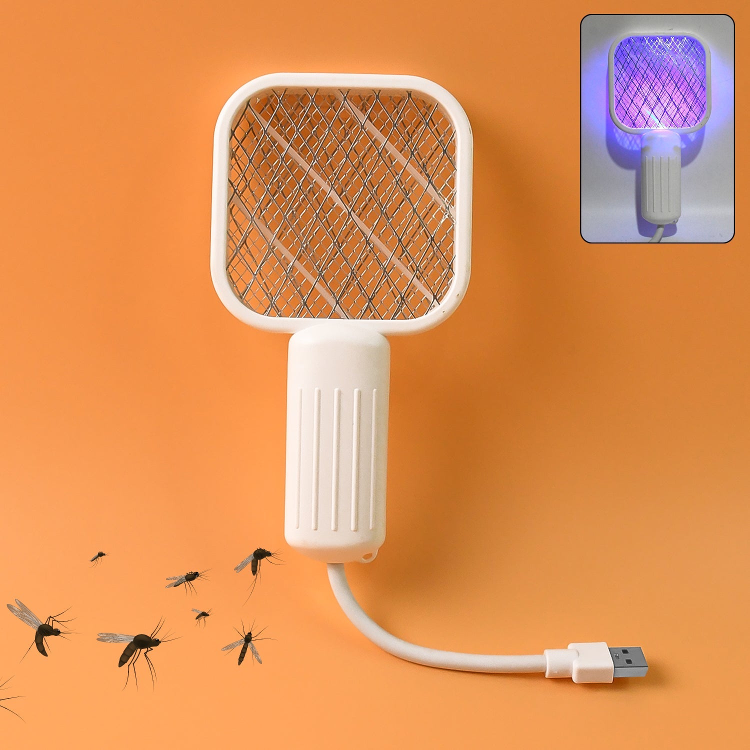 Electric mosquito swatter racket with built-in UV light trap
