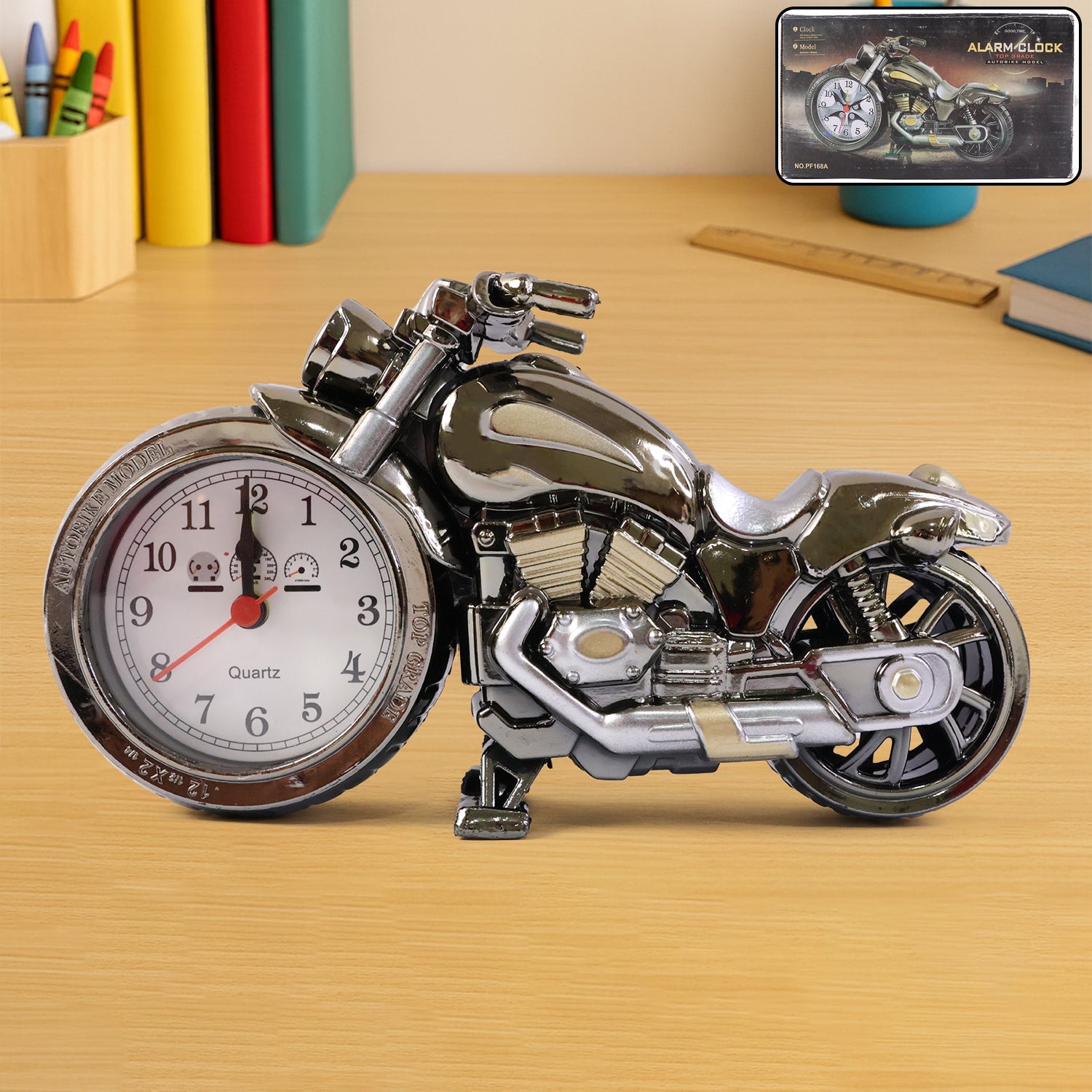 Front view of stylish motorcycle alarm clock with analog display