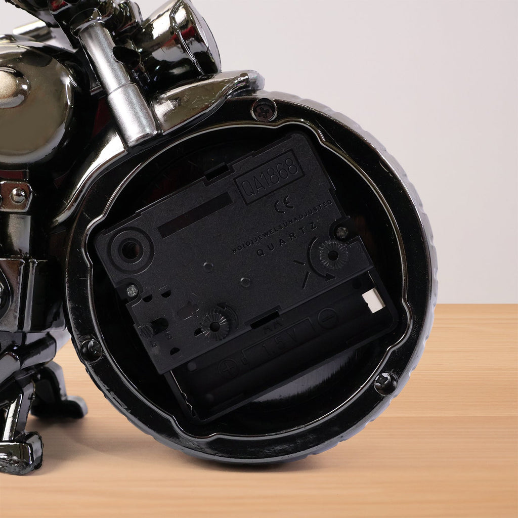 Side angle view of motorcycle alarm clock for desk decor