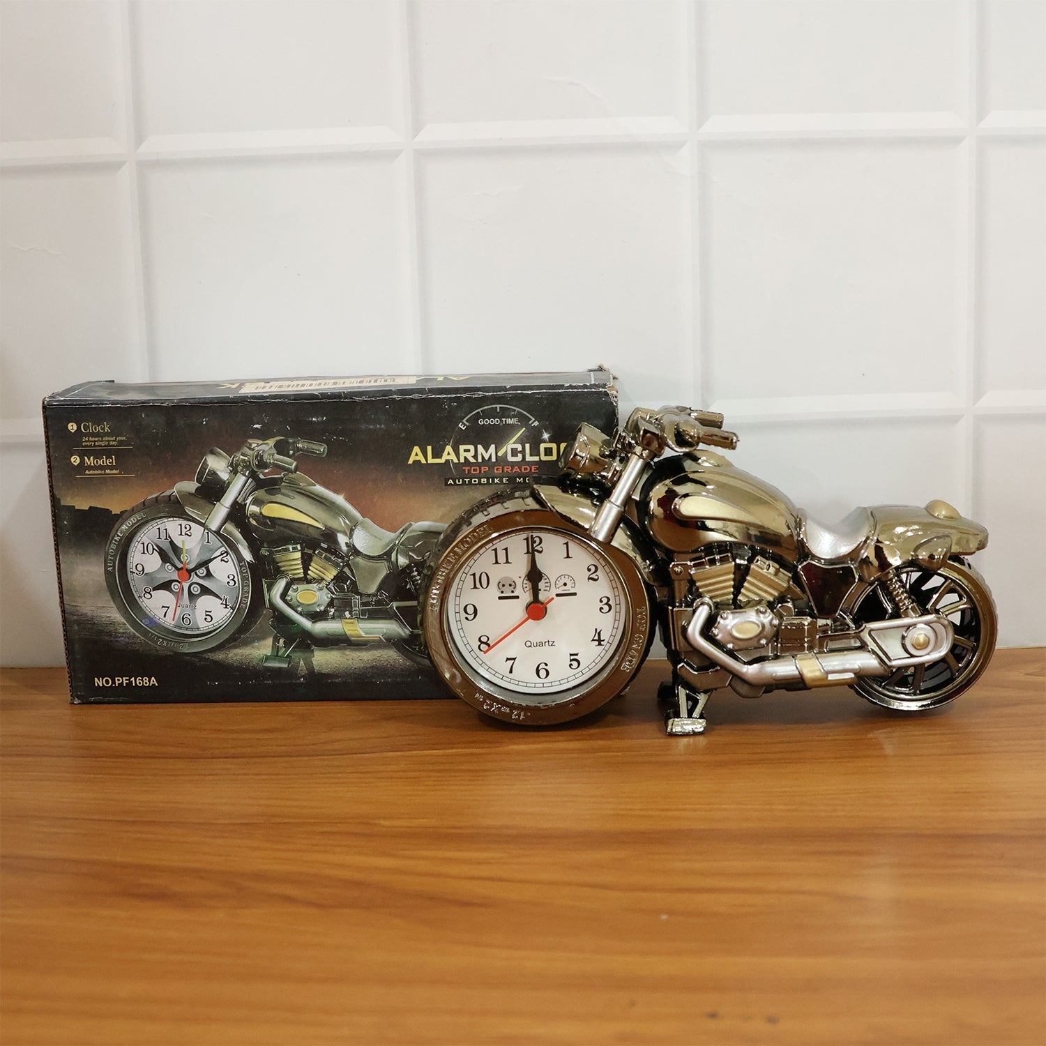 Detailed shot of stylish motorbike table clock design