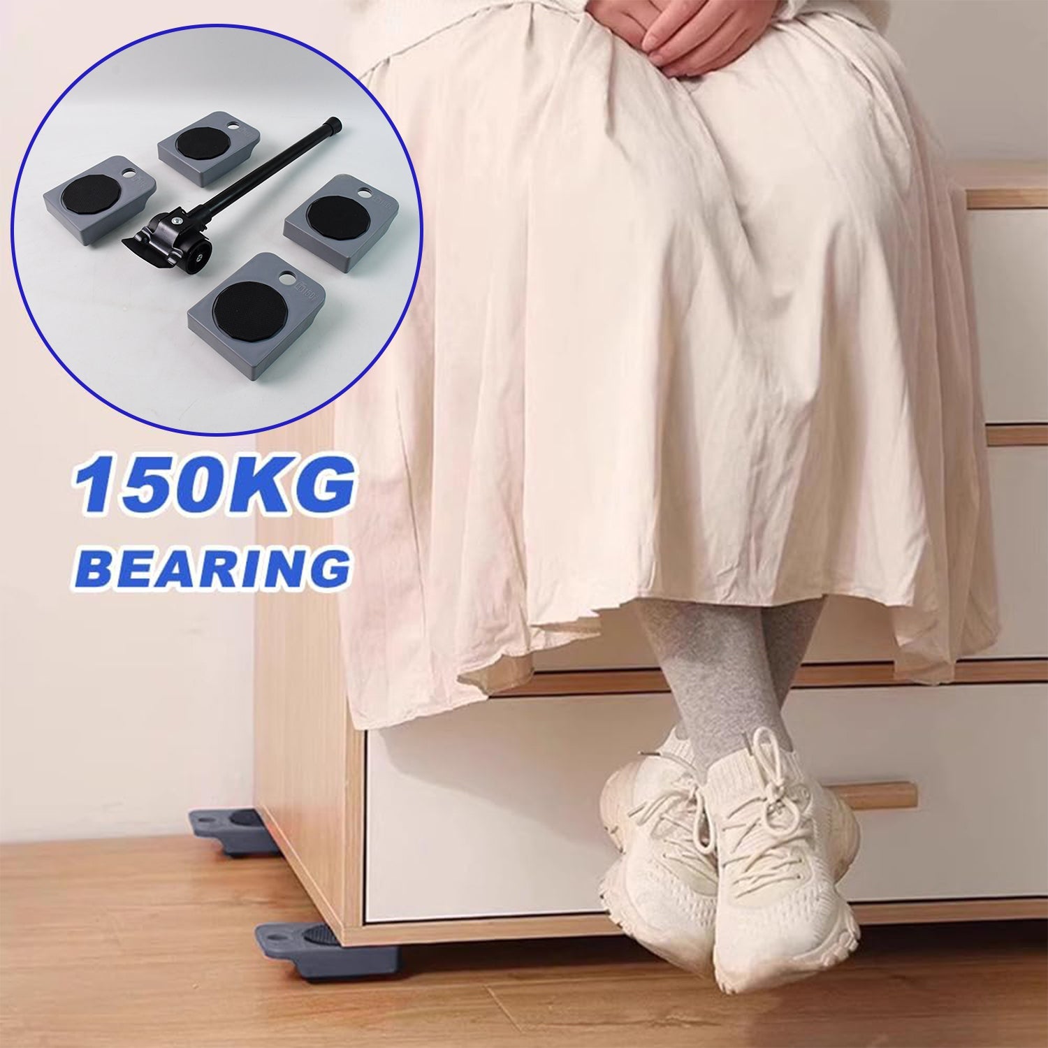 Heavy furniture moving tool kit with steel lever and rotating sliders preventing scratches
