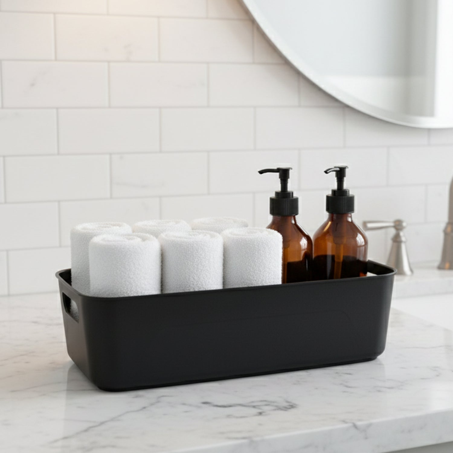 Side view of black plastic storage basket tray