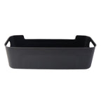 Collection of stackable black plastic storage trays for organizing items