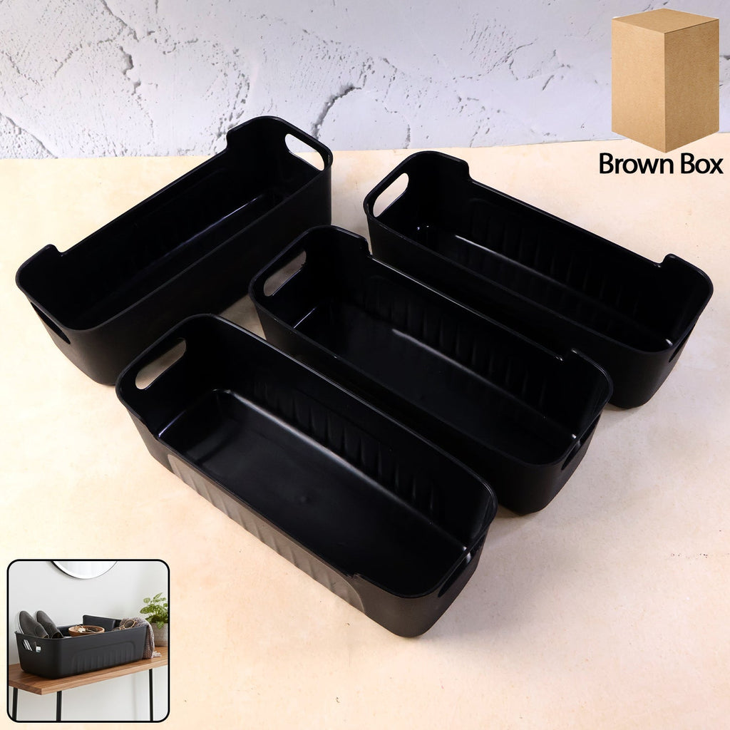 Black plastic storage basket tray set of 4 with stackable design