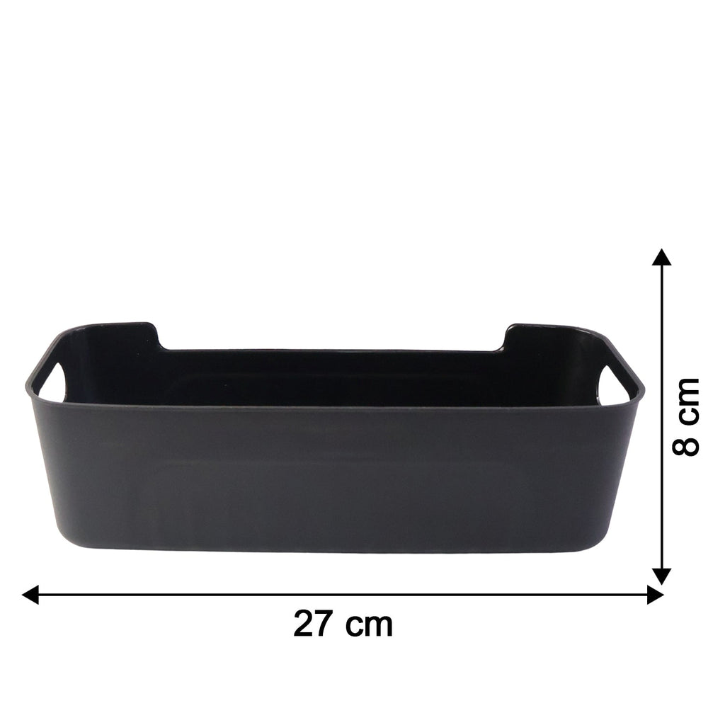 Black plastic storage baskets used for home organization