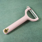 Multi-angle photos of ergonomic vegetable peeler showing ergonomic handle