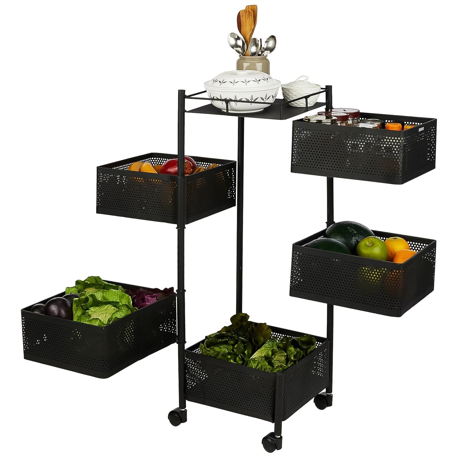 Vertical kitchen trolley with pull-out mesh baskets for easy access