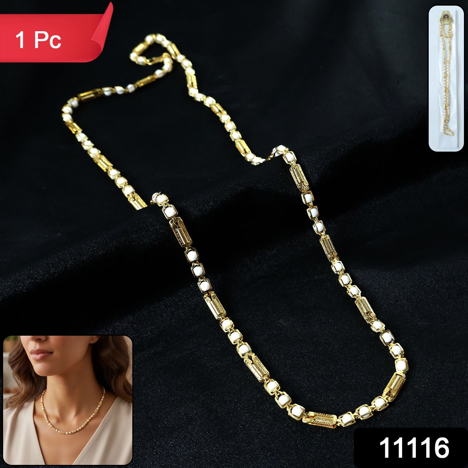Close-up of gold chain necklace highlighting stone detailing