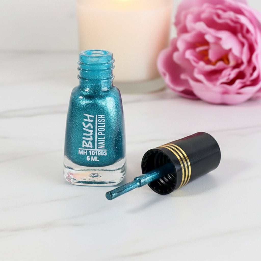 Metallic nail color bottle with shimmering glitter formula for vibrant nails