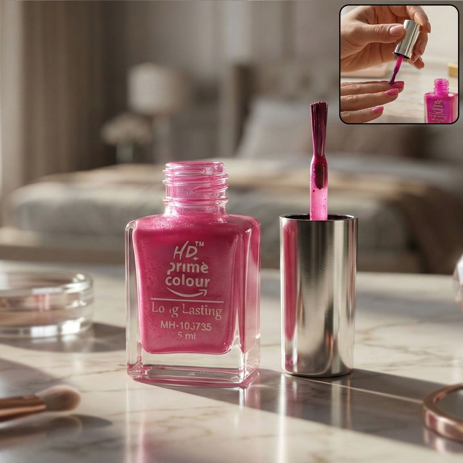 Long-lasting glossy nail polish bottle showcasing vibrant colour