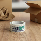 Heavy-duty printed packaging tape roll with a white core, ready for use.