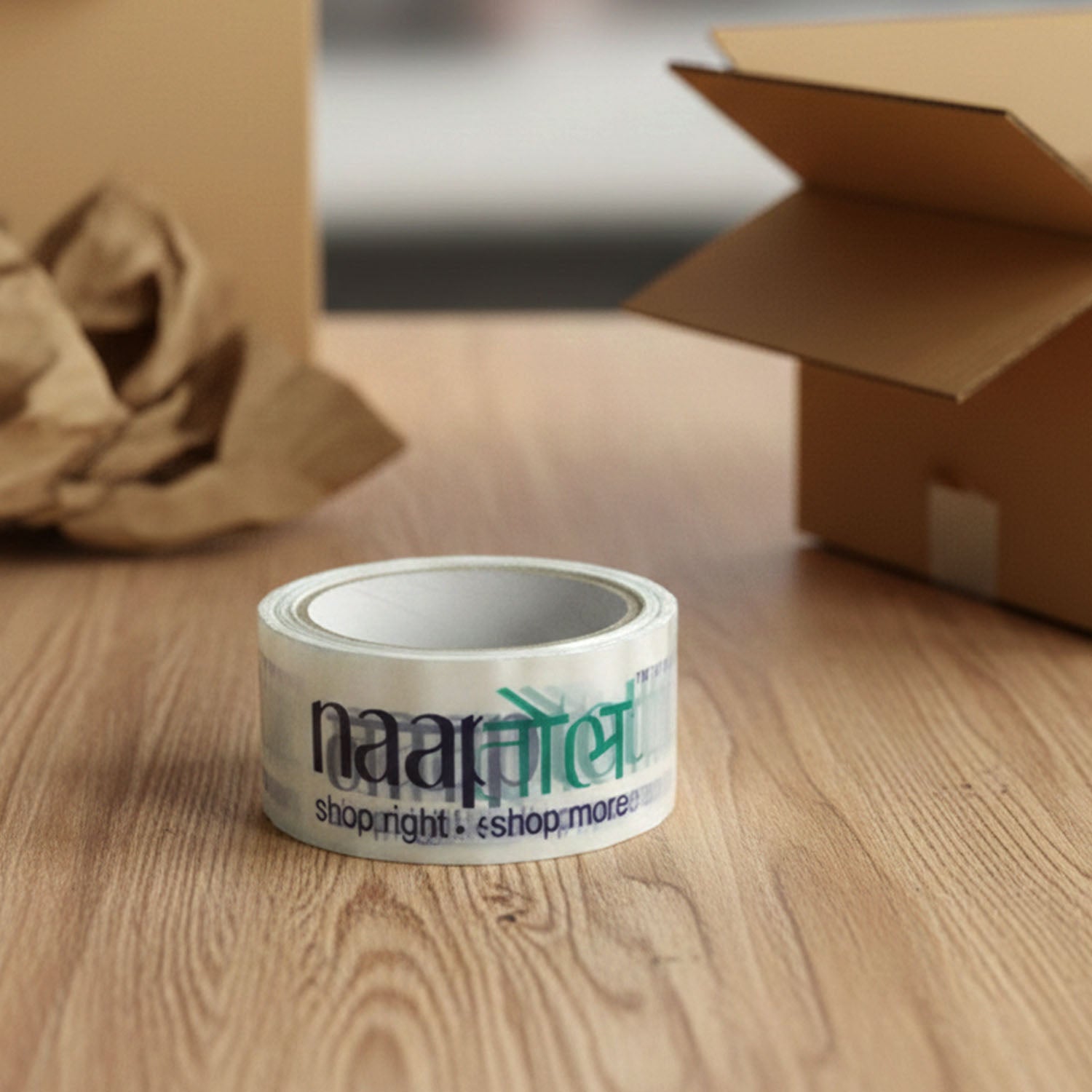 Heavy-duty printed packaging tape roll with a white core, ready for use.
