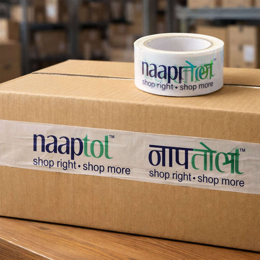 Close-up of a sturdy roll of printed packaging tape, showcasing its width and design.