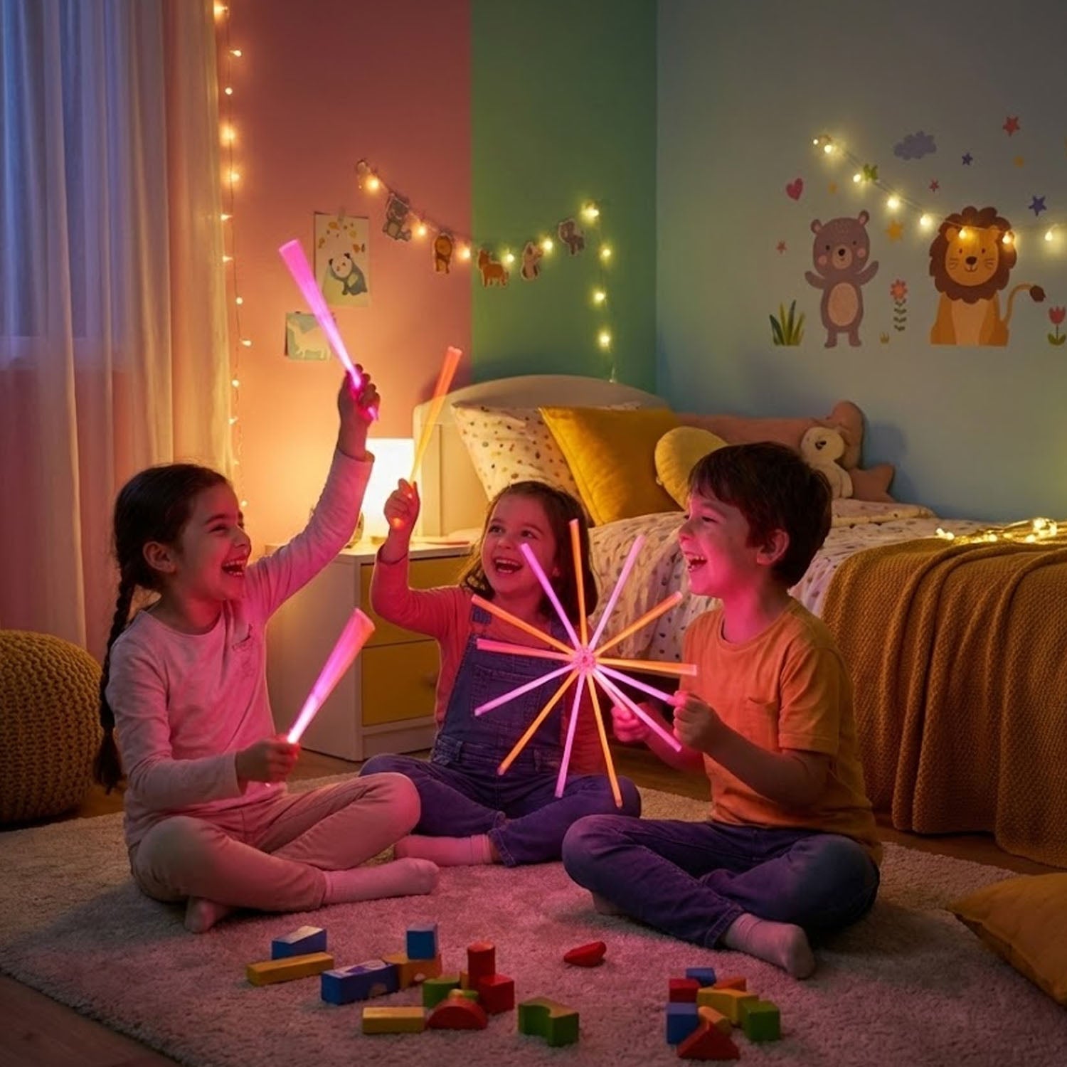 Party glow stick set glowing brightly in dark environment