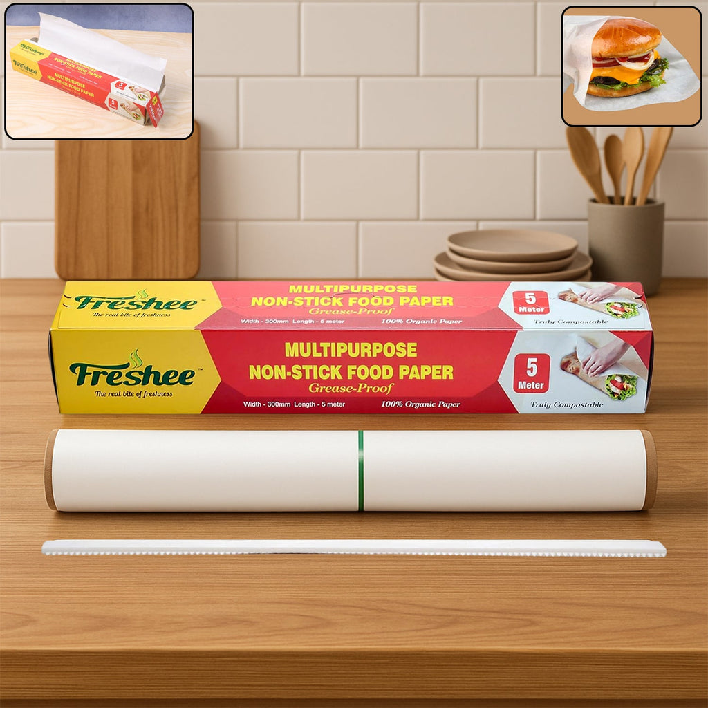 Freshee grease-proof non-stick food paper roll with serrated cutter for easy dispensing