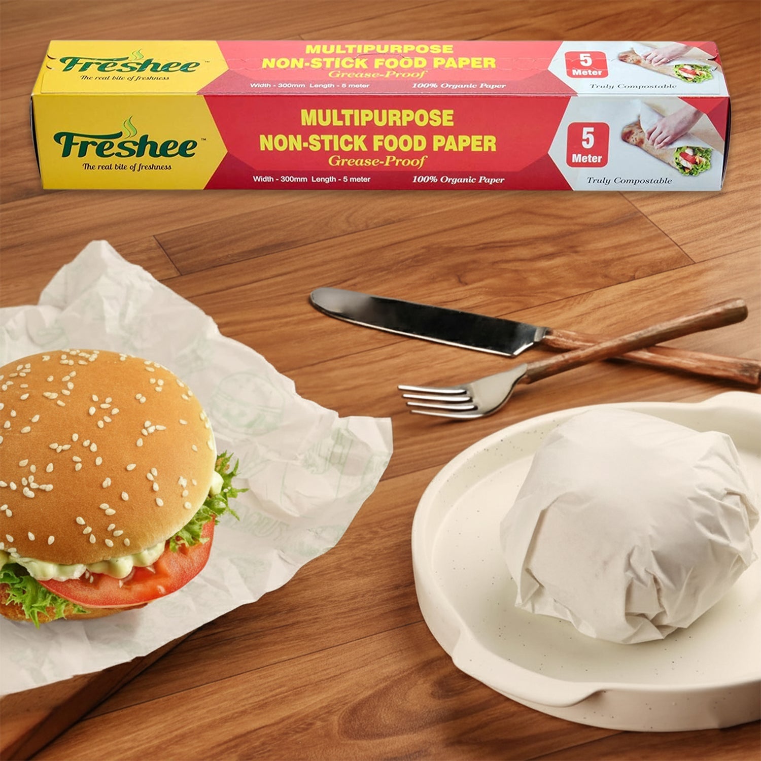 Freshee food paper roll placed in kitchen setting for baking and wrapping