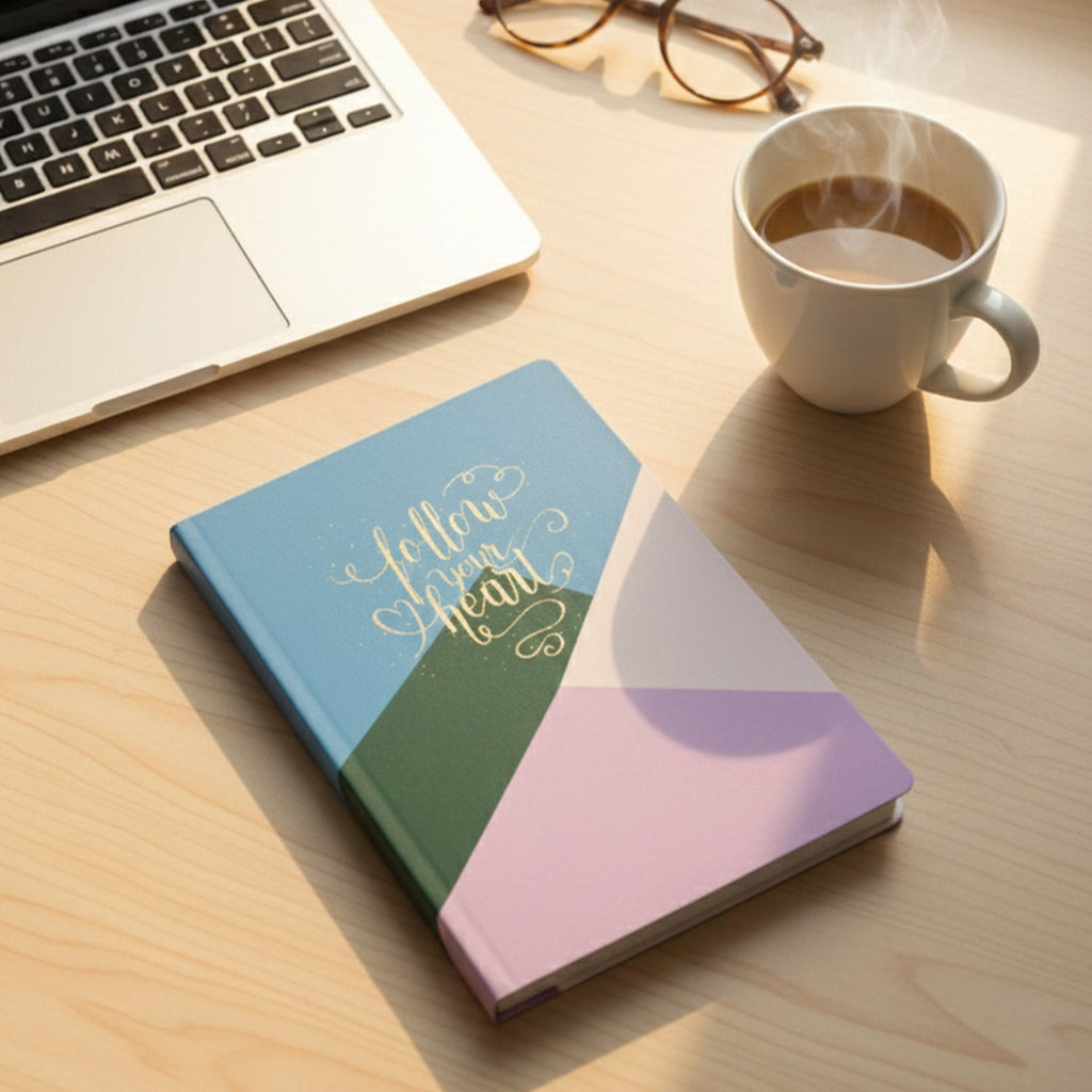 Open pages of hardcover ruled notebook displaying ruled lines and calendar layout