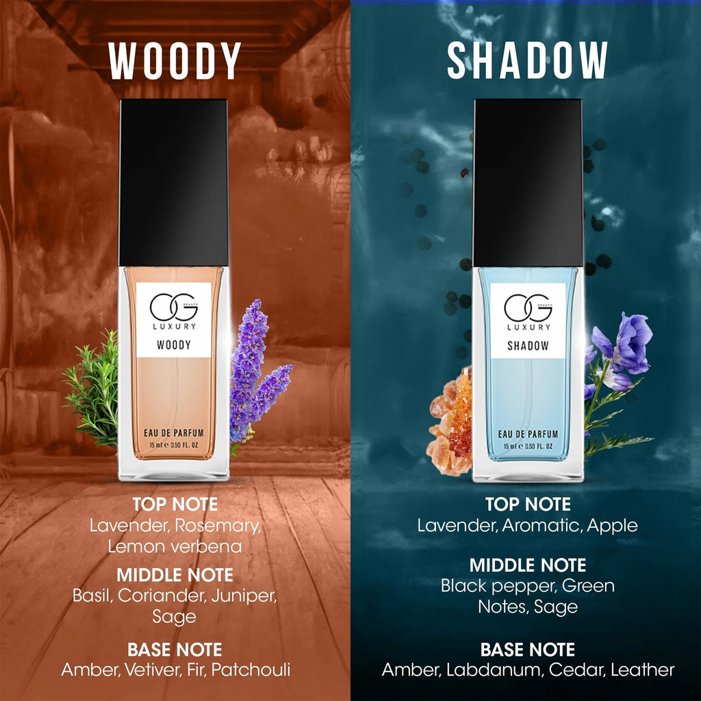 Close up of sleek Eau De Parfum bottles from the luxury perfume gift set with Woody and Smokey scents