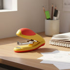 Closeup view of heavy-duty desktop stapler highlighting design details