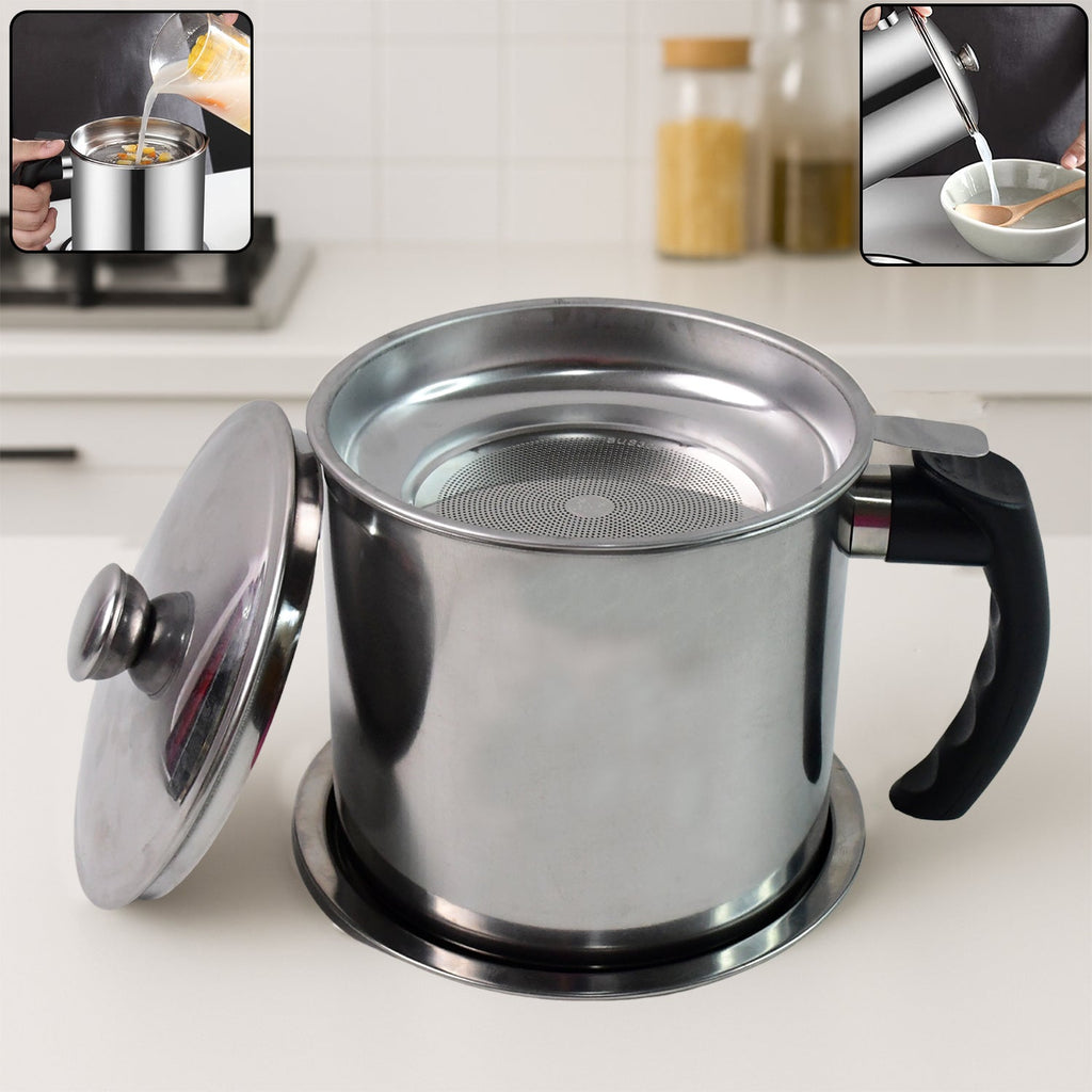 Stainless steel oil strainer pot with lid and fine mesh filter