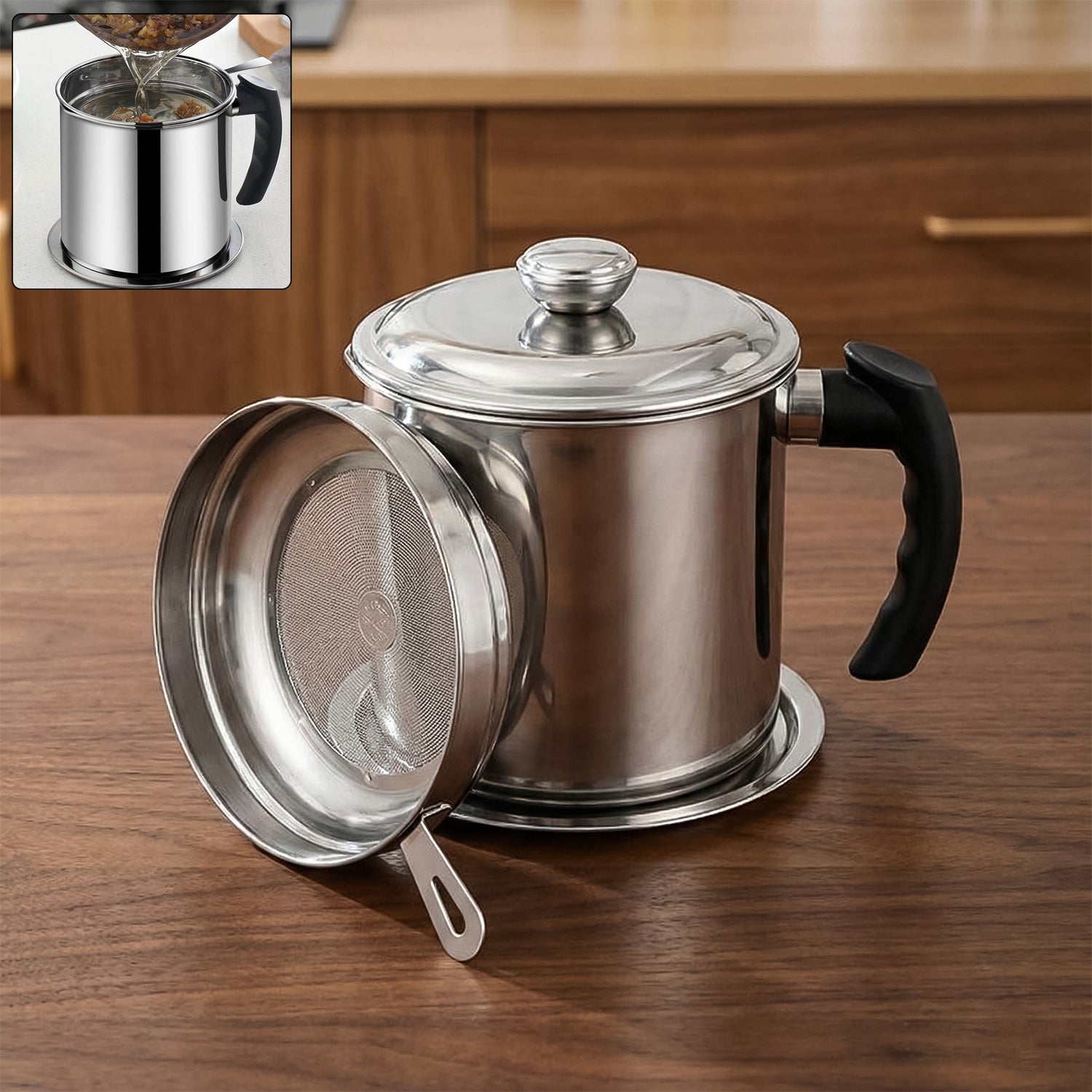 Stainless steel oil filter pot with fine mesh strainer for clean oil storage