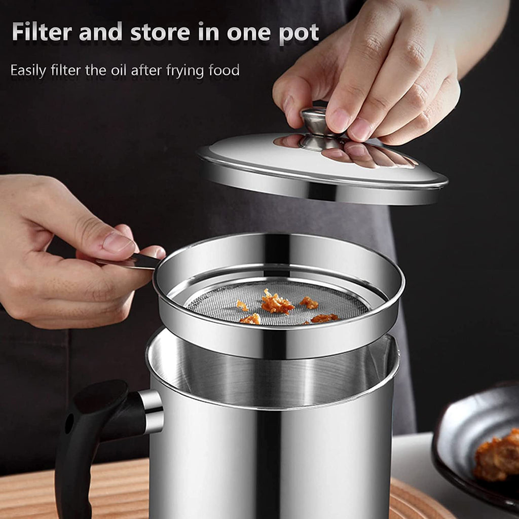Stainless steel oil strainer pot sitting on drip tray base