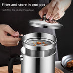 Stainless steel oil strainer pot sitting on drip tray base