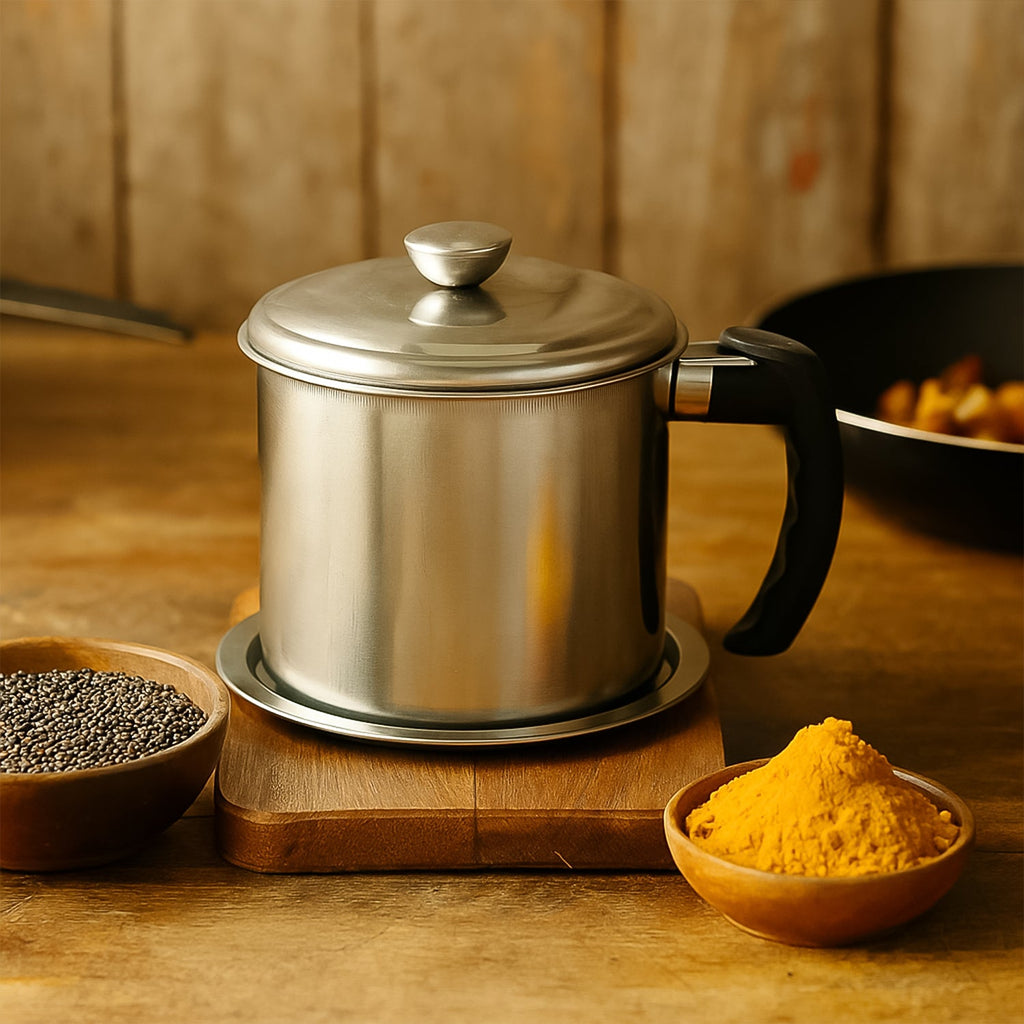 Grease storage pot with fine mesh filter suitable for Indian cooking oils