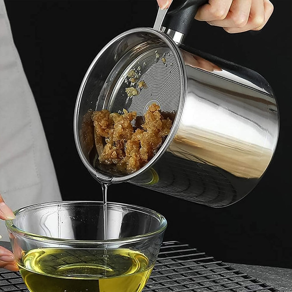 Oil filter pot designed for mess-free oil storage and reuse in Indian kitchens