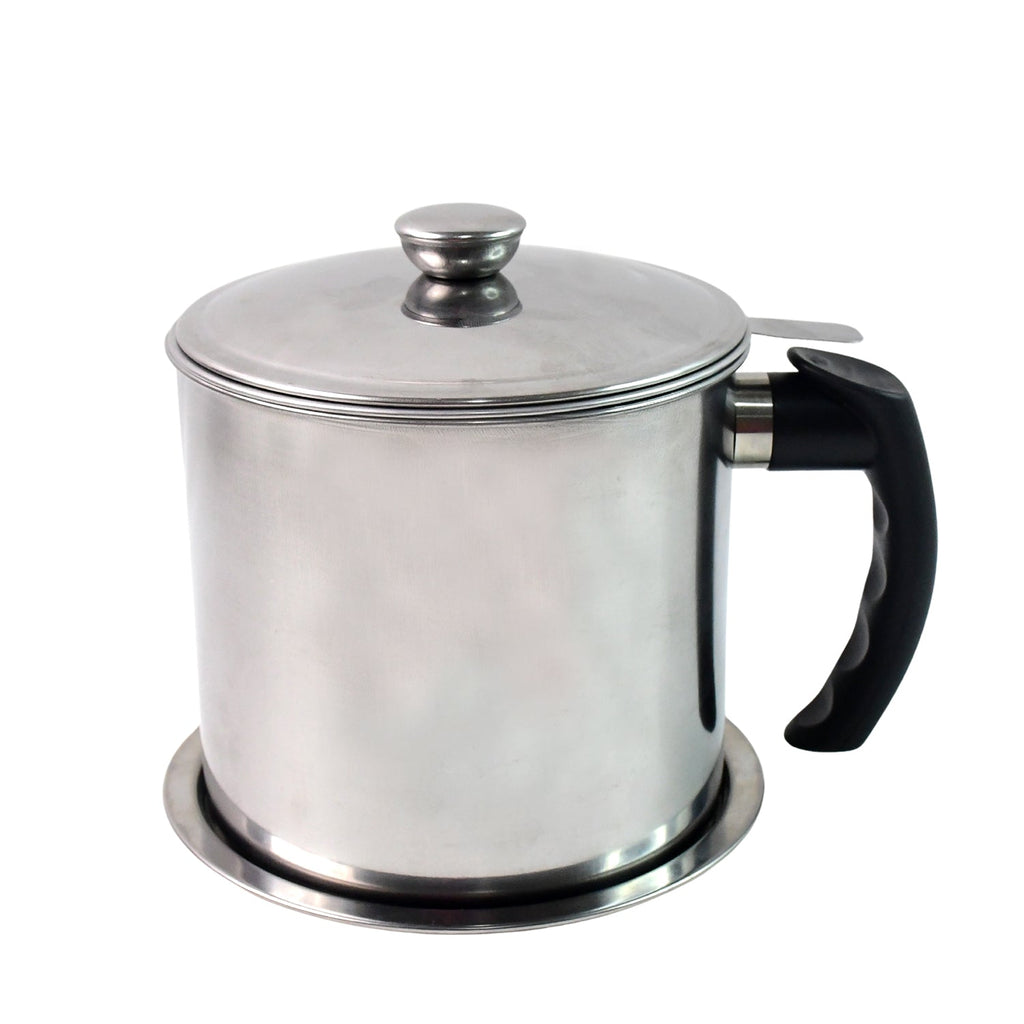 Oil strainer pot angled view showing lid and mesh filter