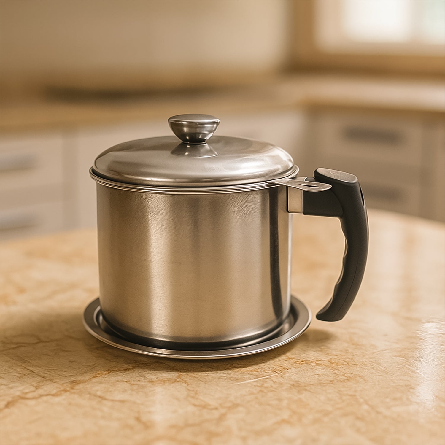 Heat resistant handle on stainless steel filter pot for safe oil handling