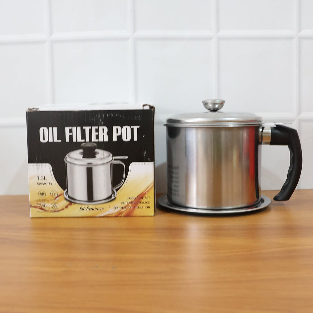 Large 1.3 litre stainless steel oil filter pot with removable strainer