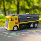 Rear view of child-safe water tanker toy truck made from ABS plastic