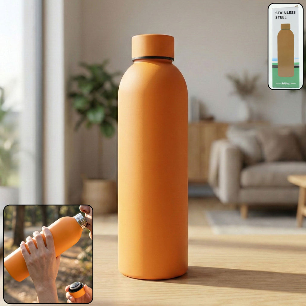 Orange insulated stainless steel water bottle, 500ml capacity