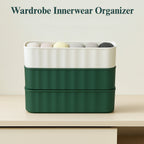 Angled view of four stackable 5-compartment drawer organizers, ideal for closets.