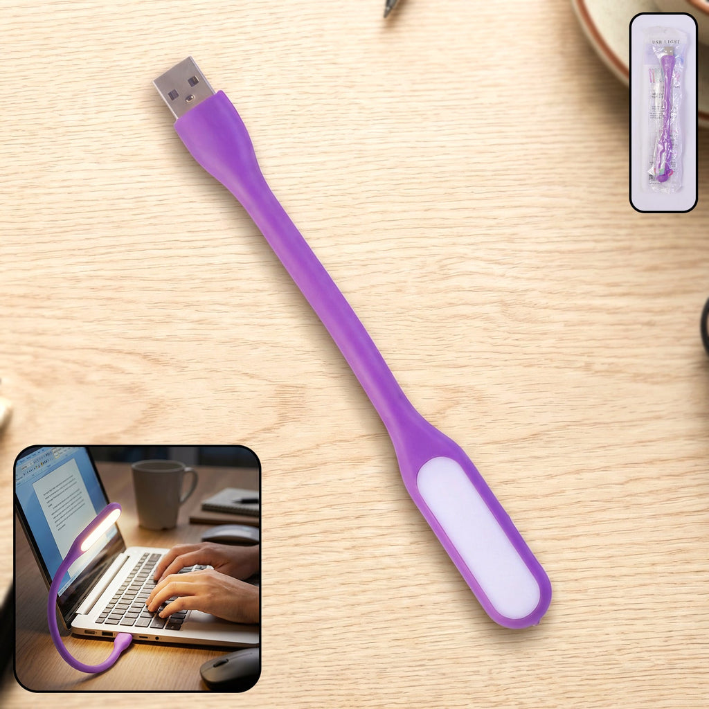 Flexible USB LED lamp casting soft light on a laptop keyboard for night use.