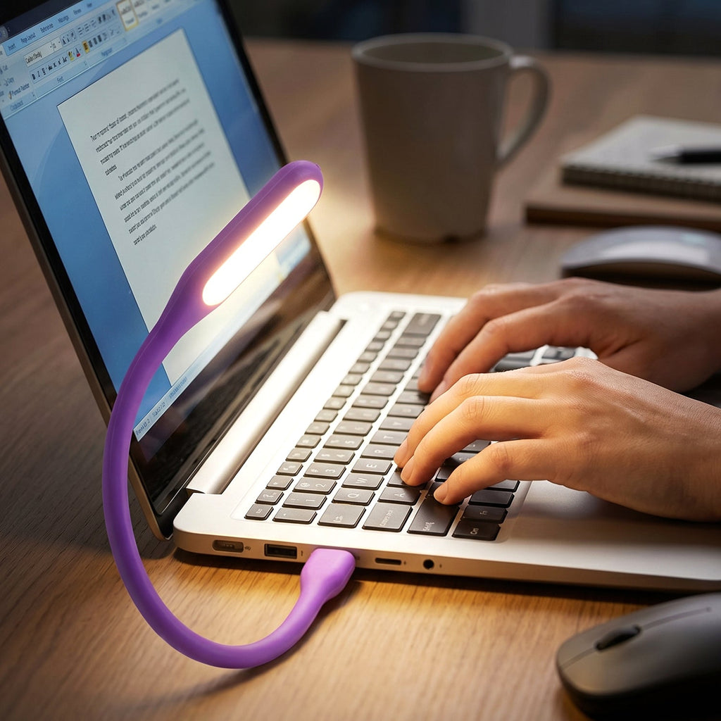 Purple Flexible USB LED Light illuminating a laptop keyboard for focused work.