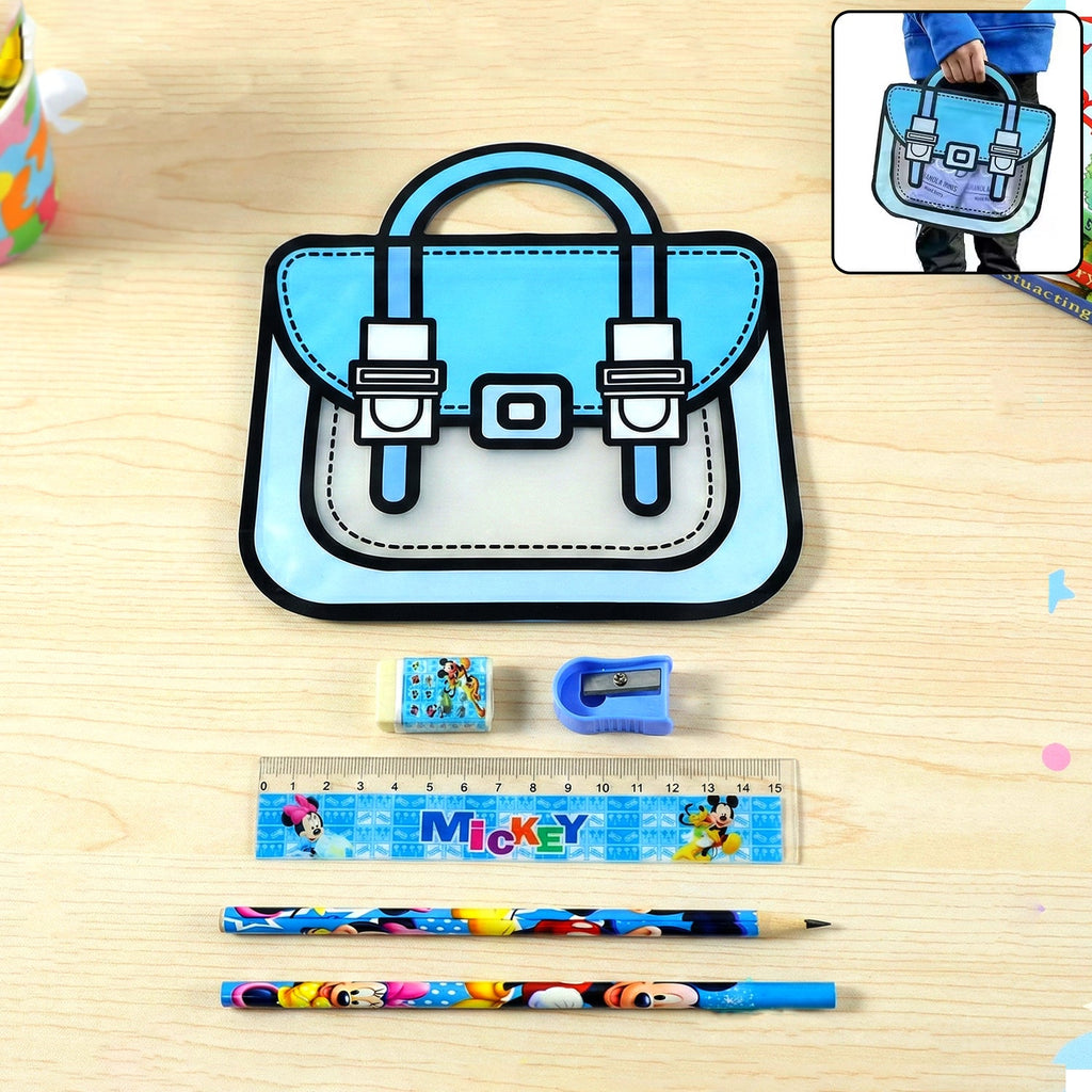 Kids stationery kit with cartoon-style carry bag for easy storage