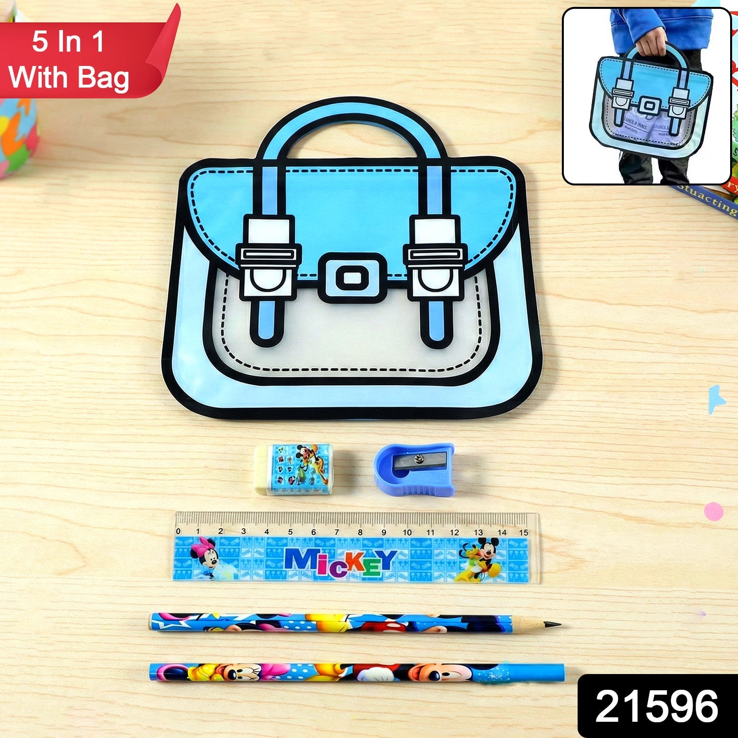 Cartoon style carry bag featured in kids stationery set