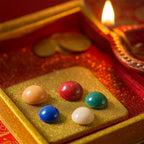 Overhead view of the complete Panch Ratna stone set for spiritual practices.