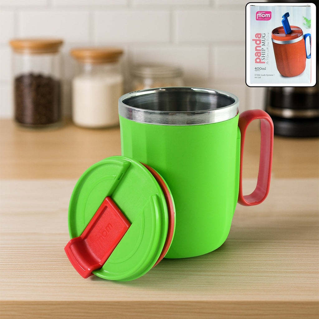 Supermom insulated panda design mug with 400 ml capacity and spill-resistant lid